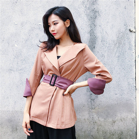 2022 Autumn Women Striped Office Lady Notched Collar Blazer Fashion Bow Sashes Split Sleeve Jackets Elegant Work Blazers Femme