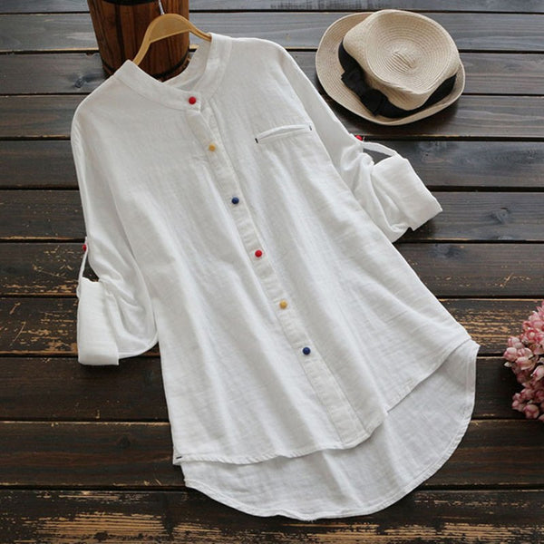 2022 Autumn Women O Neck Long Sleeve Buttons Down Blouse Vintage Solid Loose Work Shirt Party Long Top Blusa Plus Size