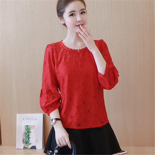 2022 Autumn elegant Lace Shirts Women Office Blouses White Red Loose Tops Fall O Neck Casual Lady Blusas work wear 3XL L4#