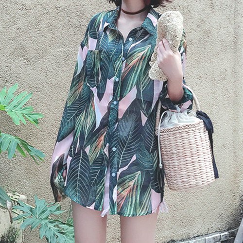 Tropical Print Button Blouse Women Long Shirts Fashion Beach Rolled Up Long Sleeve Knot Asymmetrical Hem Blouses