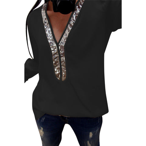 Casual Women Blouse New Fashion V-neck Sequined Tops Long sleeve Solid Basic Autumn Blouse Top Shirt Women Clothing 20