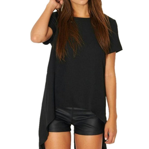 Casual Women Solid Black Short Sleeve shirts Summer Style Split High Low Long Back Round Neck Blouse Loose Shirt Blusas