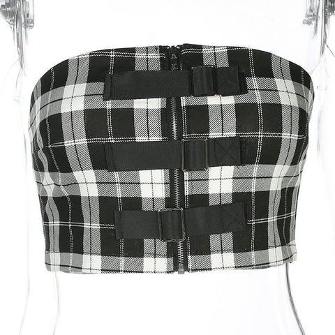 Chic Women Black Club Backless Street Strap Short Fem Cropped Top Checkerboard Sexy Tee Summer Party Tanks HWT0184-47