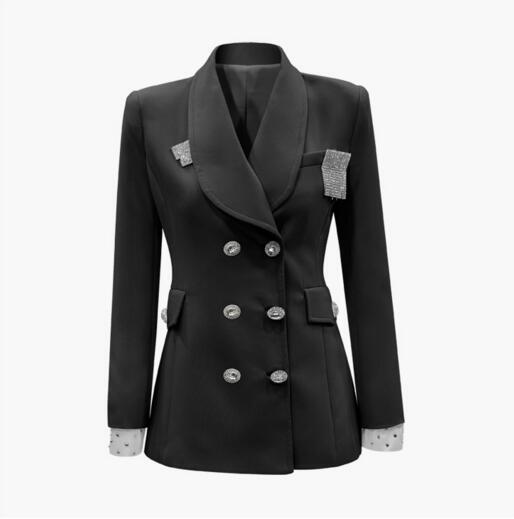 Early Autumn New Luxury Rhinestone Double Breasted Shoulder Pad Slim Fit Wild Blazer Black & Blue Color