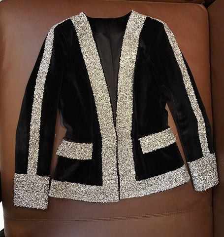 Elegant Blazer Women Clothes Luxury Brand Rhinestones V Neck White Black Blazer Feminino Office Lady Crystal Long Outfit