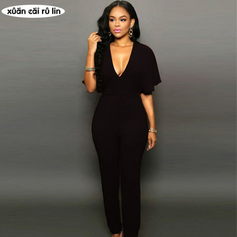 Elegant FASHION Ruffles autumn Summer Female jumpsuits sexy backless v neck long pants macacao black red women clothing