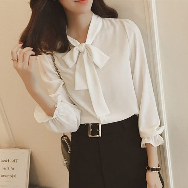 Elegant long sleeve women slim shirt spring fashion colthes bow chiffon blouse office ladies formal plus size tops Yellow
