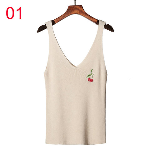 Embroidery Knitted Tank Tops Womens Fashion Sexy V-neck Camis High Elasticity Casual Tank Top Female Cherry Camis Summer