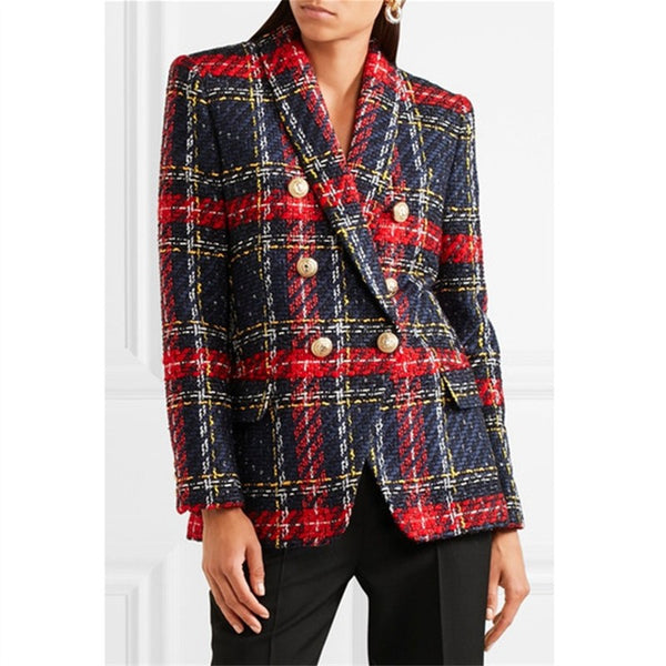 Euramerican New Fashion Popular Line And Plaid Knitting Weaving Full Sleeve Polyester Double Breasted High Quality Blazers