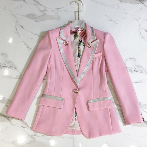 Euramerican Spring Summer New Fashion Polyester Single Solid Rose Button Full Sleeve Notched Office Lady Lady Pink Blazers