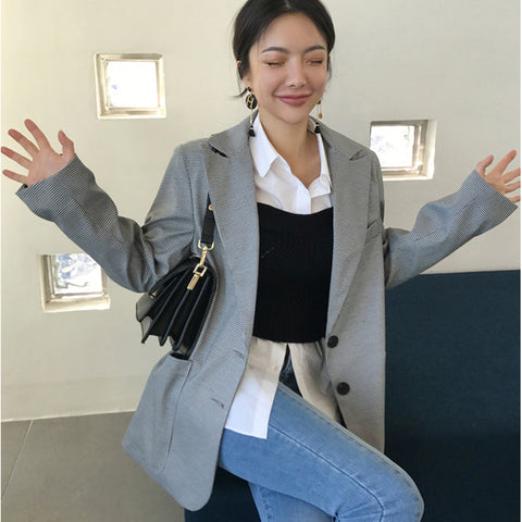 2022 Fashion Bandage Plaid Blazer Women Two Buttons Sashes Jacket Office Ladies Notched Collar Worker Blazer Jackets feminino