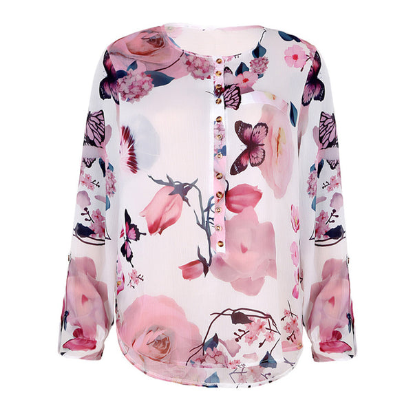 Fashion Blouse Floral Printed Button Chiffon Shirt Women V Neck Irregular Hem Top Long Sleeve Summer Sexy Blouse tops