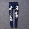 Fashion Brand Denim 3d White Flower Embroidery Jeans Woman Ripped Jeans Women Ninth Pants Skinny Jean Femme