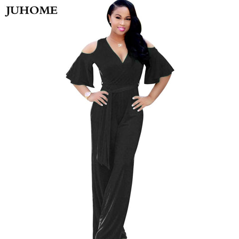 Fashion Femme Summer autumn Jumpsuit Rompers Elegant V-Neck tunic Slim Sashes Women plus size loose long Wide leg Overalls