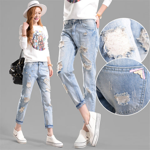 2022 Fashion Summer Boyfriend Jeans For Women Vintage middle Waist Washed Button Blue Denim hole Long Harem Jeans Femme