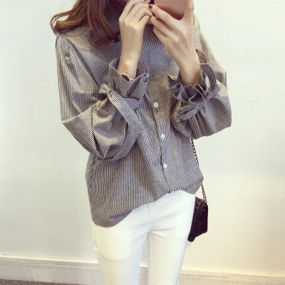 2022 Fashion V Neck Chiffon Blouse Tops Shirt Women Strip Ladies Tops Long Sleeve Blouse Lantern Sleeve Korean Style Office Lady