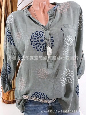 2022 Fashion V-Neck Printed Ladies Shirts Plus Size Womens Tops Blouses Plus Size Female Long Sleeve Loose Vintage Tunic Blusa