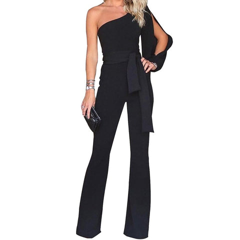 Fashion Women Tie Waist One Shoulder Sexy Jumpsuit Rompers Sleeveless Wide Leg Pant Casual Playsuit