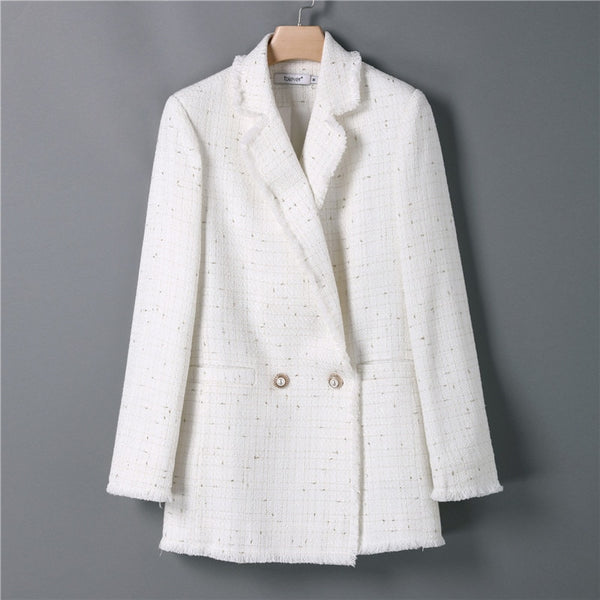 Fashion  Autumn Plaid Tweed White Blazer Women Vintage Small Fragrant Long Coat Women's Jacket Office Lady Plus Size