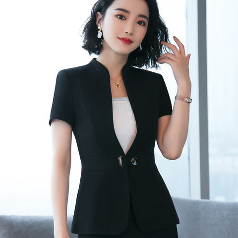 2022 Fashion stand collar women blazer summer Business formal short sleeve slim jackets office ladies plus size work wear