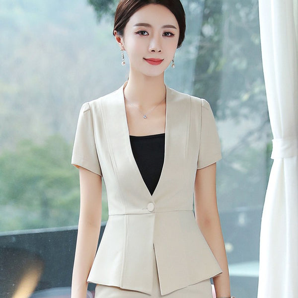 Fashion women apricot blazer Business New summer formal V Neck short sleeve slim jackets office ladies plus size work wear