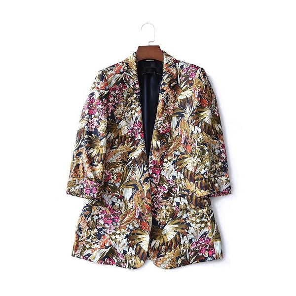 Flower Printing Blazer Feminino Women Slim Fit Long  Vintag Suit Jacket Floral Coat Outerwear