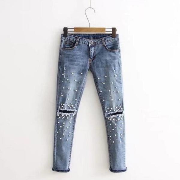 Hot Women Fashion Destroyed Ripped pearled Slim Denim Pants Jeans Trousers Denim Long Hole