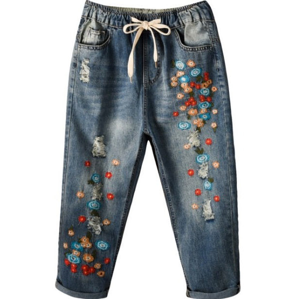 Jeans Woman Women Mini Flower Embroidered With Drawstring Mid-calf Length Folk Style Loose Jeans Distressed Denim Pants