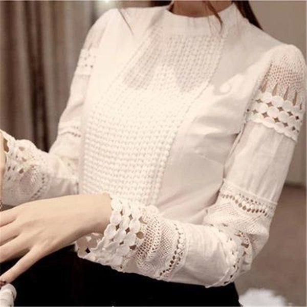 Korean Fashion Women Clothing Ladies Slim Bottoming Long Sleeve White Shirts Lace Hollow Out Women Blouse Shirts Plus Size
