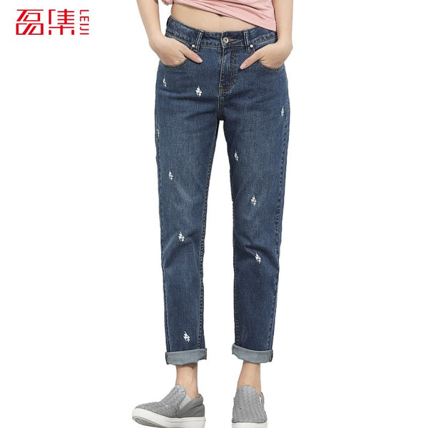 Spring And Summer Plus Size Lightening Printed Mid Waist Full Length Fashion Loose Denim Boyfriend Women Jeans