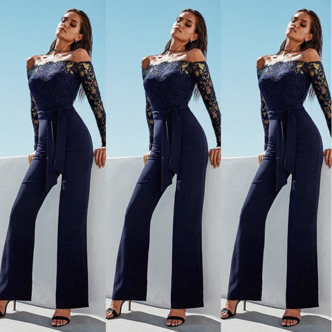 Lace Summer Rompers Womens Jumpsuit Sexy Ladies Casual Elegant Off shoulder Long Trousers Overalls Black Jumpsuit