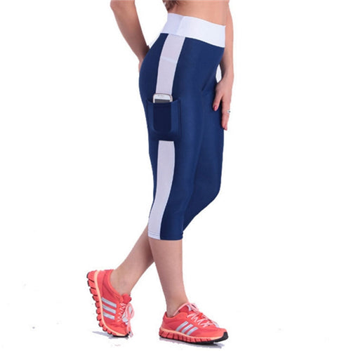 Leggings Women Patchwork Pocket Fitness Legging High Waist Elastic Skinny Workout Mid-Calf Pencil Pants Plus Size Polyester