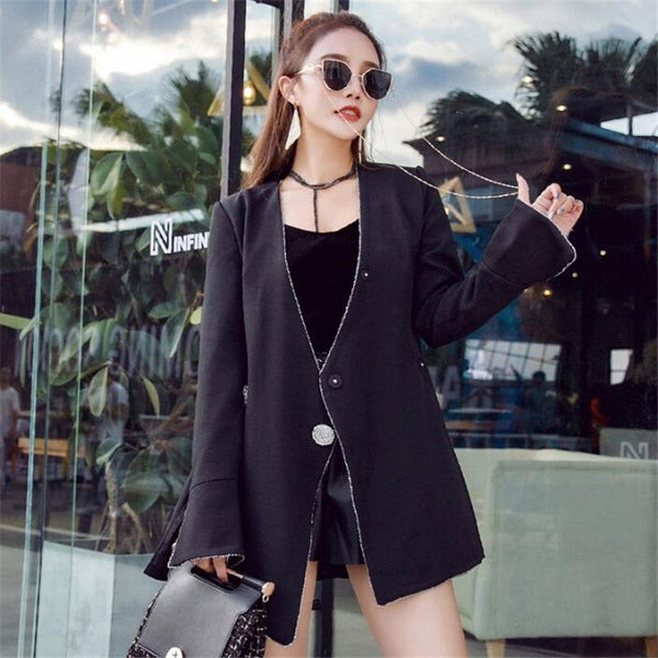 Long Spring Women Blazers And Jackets V-Neck Sexy Fashion Slim Suit Jacket Women Long Sleeve A5262