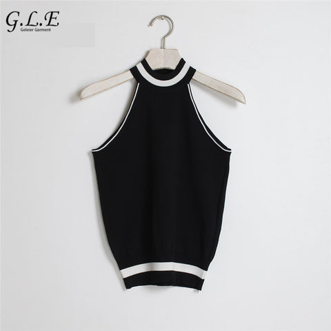 NEW Hanging neck knitted halter bustier crop top Women summer vest sexy camis Off shoulder elastic tube tank tops knitwear