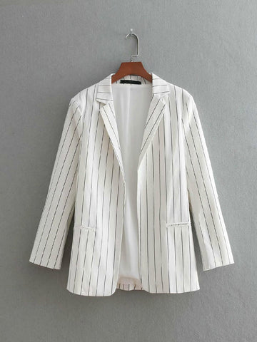 NEW Suit Women Retro Roll Up Three Quarter Striped Blazer Jacket White Casual Coat Office Business Cardigan  Feminine Tops