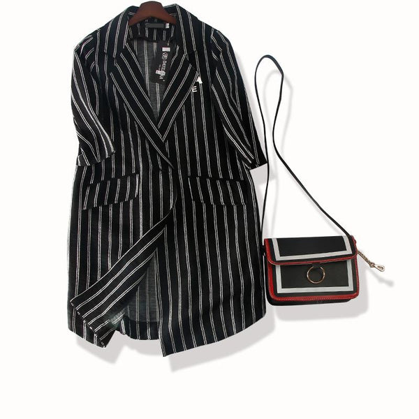 New Arrival Summer Three Quarter sleeve Long Striped Single Breasted Notched Appliques Casual fashion women Blazers M-3XL