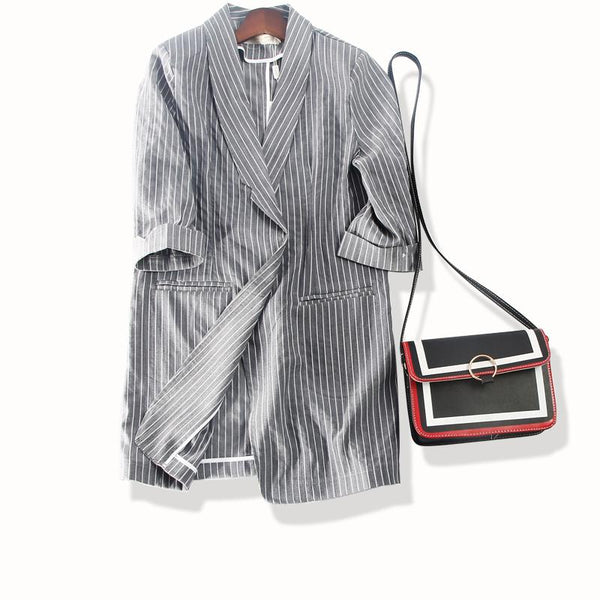 New Arrival Summer Three Quarter sleeve Regular Striped Single Button Notched Pockets Casual fashion women Blazers M-3XL