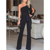 New Arrivals Women Fashion Office Lady Solid Jumpsuit Stylish One off Shoulder Slit Sleeve Black Jumpsuit Lace Up overalls
