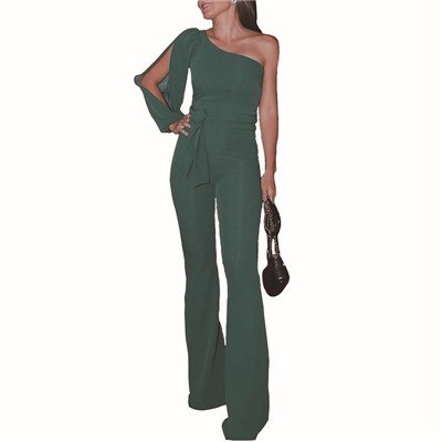 New Arrivals Women Fashion Office Lady Solid Jumpsuit Stylish One off Shoulder Slit Sleeve Black Jumpsuit Lace Up overalls
