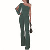New Arrivals Women Fashion Office Lady Solid Jumpsuit Stylish One off Shoulder Slit Sleeve Black Jumpsuit Lace Up overalls