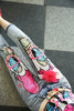 2022 Autumn Pink Cartoon Sequined Embroidery Women Jeans Ripped Casual Denim Pants Female Ankle-length Jeans