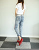 2022 Autumn Pink Cartoon Sequined Embroidery Women Jeans Ripped Casual Denim Pants Female Ankle-length Jeans