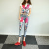 2022 Autumn Pink Cartoon Sequined Embroidery Women Jeans Ripped Casual Denim Pants Female Ankle-length Jeans