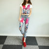 2022 Autumn Pink Cartoon Sequined Embroidery Women Jeans Ripped Casual Denim Pants Female Ankle-length Jeans