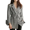 New Autumn Women Gray Plaid Office Lady Blazer Fashion Bow Sashes Split Sleeve Jackets Elegant Work Blazers Feminino