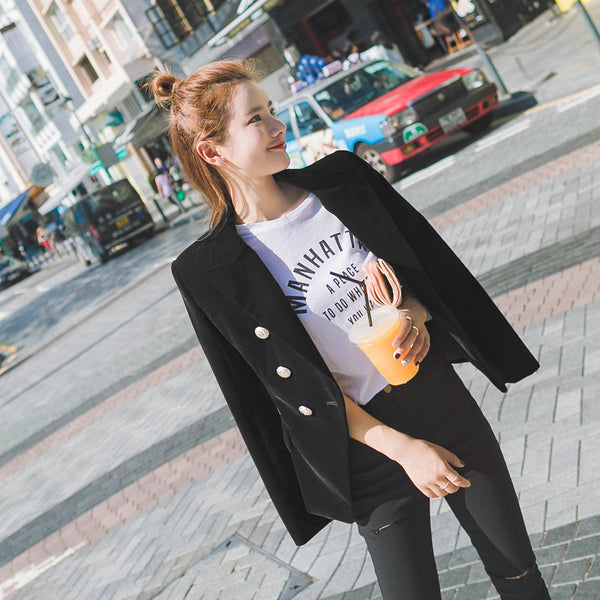 New England Style Metal Double Breasted Women  Small Pleuche Slim Autumn Jacket Long Sleeve Solid Color  Velvet Blazer