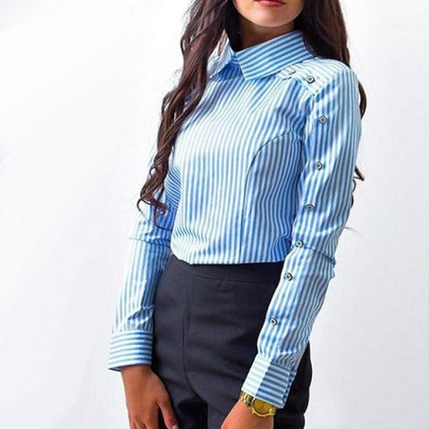 New Fashion Long sleeve Button Casual Women tops and Blouses Sleeve Turn Down Collar Shirt Vintage Tops stripe