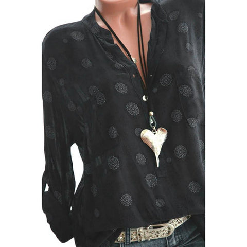 New Fashion Women Plus Size Print Long Sleeve Polka Dot Button Blouse Pullover Chiffon Tops Shirt V neck