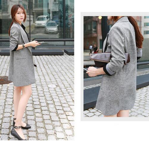 New Fashion Womens Ladies Gray  Blazer Suit Long Sleeve Lapel Jacket Spring Outwear Long Blazers Plus Size