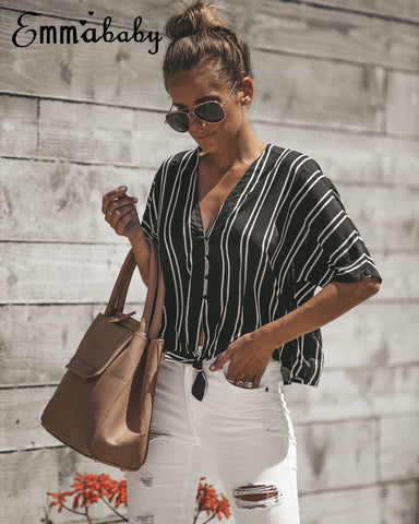 New Fashion Womens Ladies Short Sleeve Loose Striped Blouse Casual Shirt Summer Tops Shirt Outwear